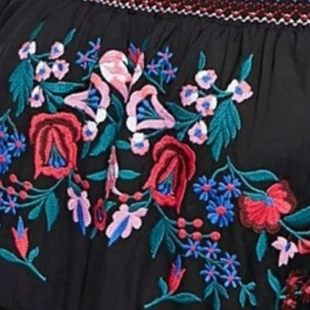 Free People Embroidered Floral Gypsy Dress Black Women Large Y2K - Picture 9 of 12